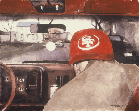 painting man in San Fran baseball cap