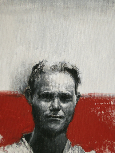 black and white portrait, semi red background