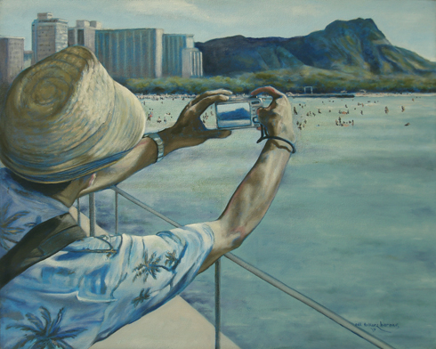 oil painting man taking a picture of beach and Diamond Head Hawai i