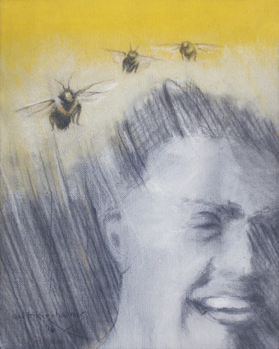 painting laughing man with bees
