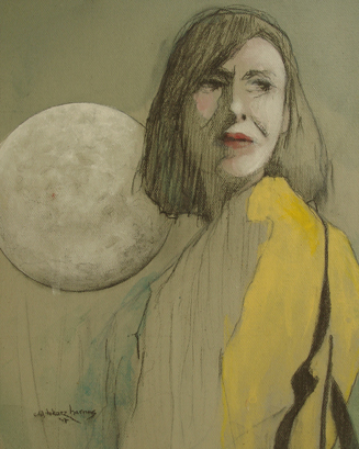 painting distraught woman in front of the moon