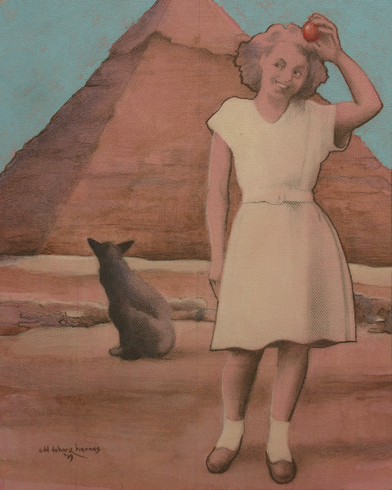 pencil drawing female in front of pyramids with dog