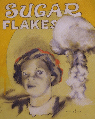 drawing of girl cereal box parody with atomic bomb