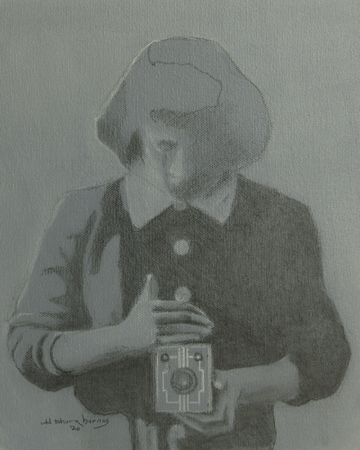 pencil drawing woman with box camera