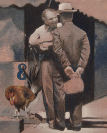 painting 2 men talking about a chicken