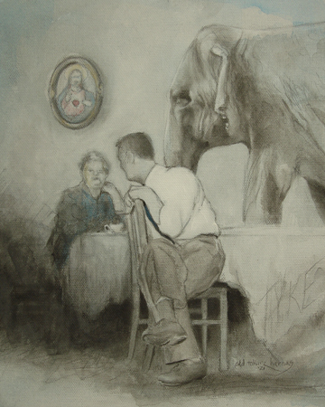 drawing of elephant at dinner table