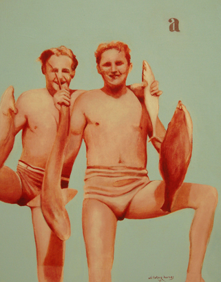 drawing painting two men in swimsuits holding fish