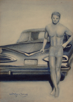 mixed media portrait of man and old car