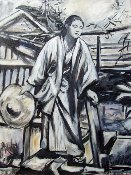Japanese woman on a foot bridge