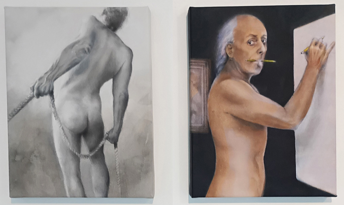 2 nude male mixed media drawings