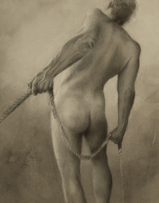 mixed media drawing nude man pulls rope