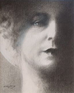 mostly pencil portrait of a stern woman